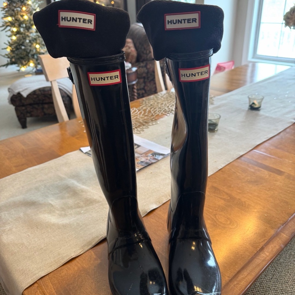 Hunter Gloss Black Tall Rain Boots with Fold-Over Cuff